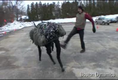 a walking robot with 4 legs, developped by Boston Dynamics, Inc. The robot can climb, walk on sand, snow, or ice, or jump. Even if you kick the robot, it won't fall down ! When attacked, it makes one or two steps to the side, to regain its equilibrium.